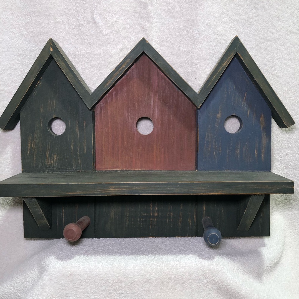 Wooden Birdhouse Shelf, 17” wide, Green, red, and blue colors